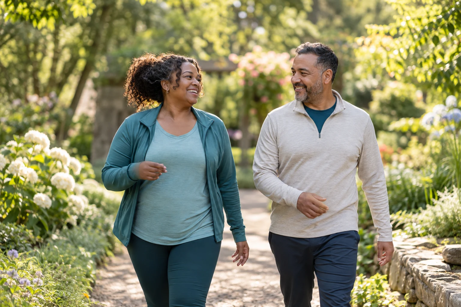AI-generated illustrative scene of two adults enjoying a relaxed garden walk